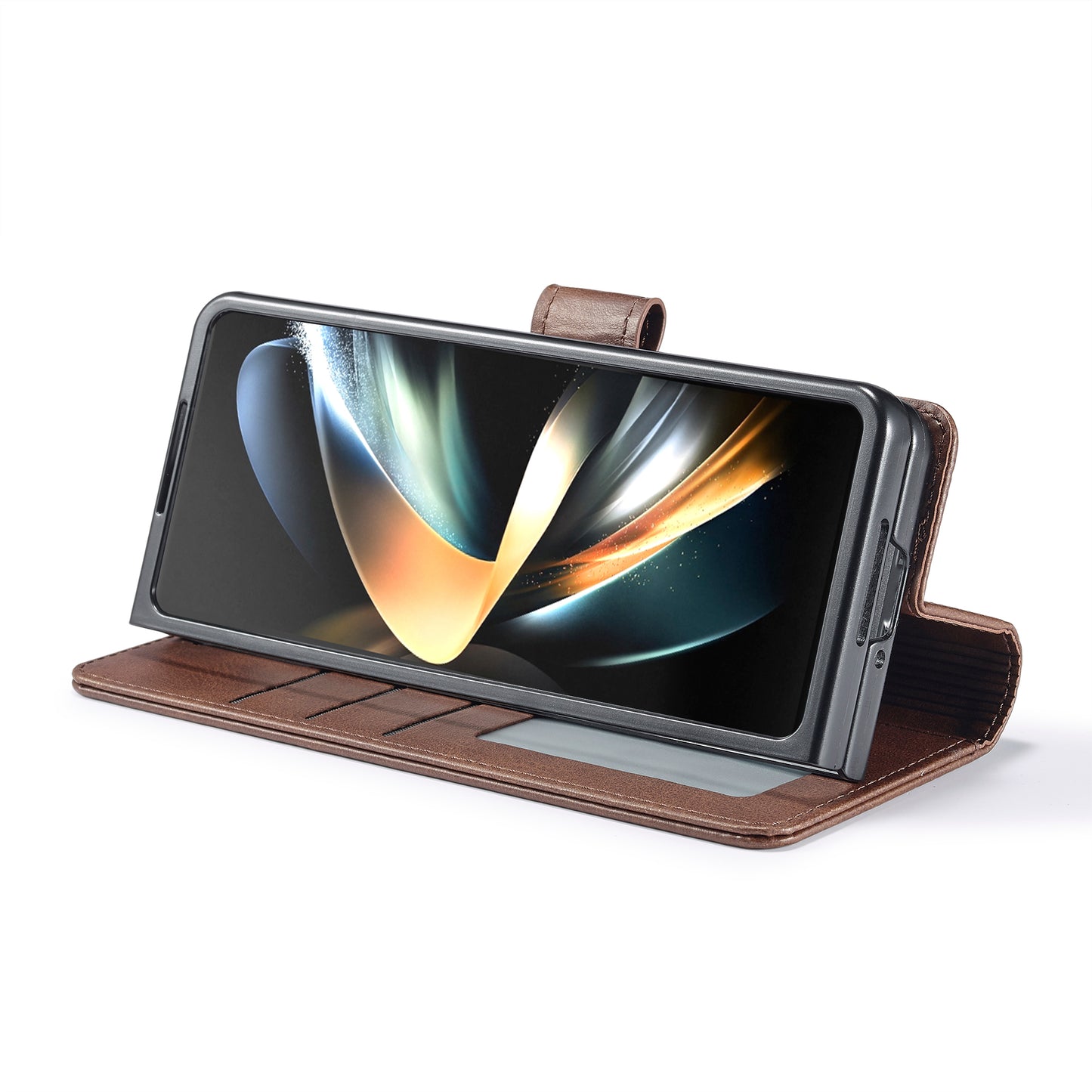 Uniqkart For Samsung Galaxy Z Fold5 5G Wallet Leather Phone Case Stand Calf Texture Phone Cover - Brown