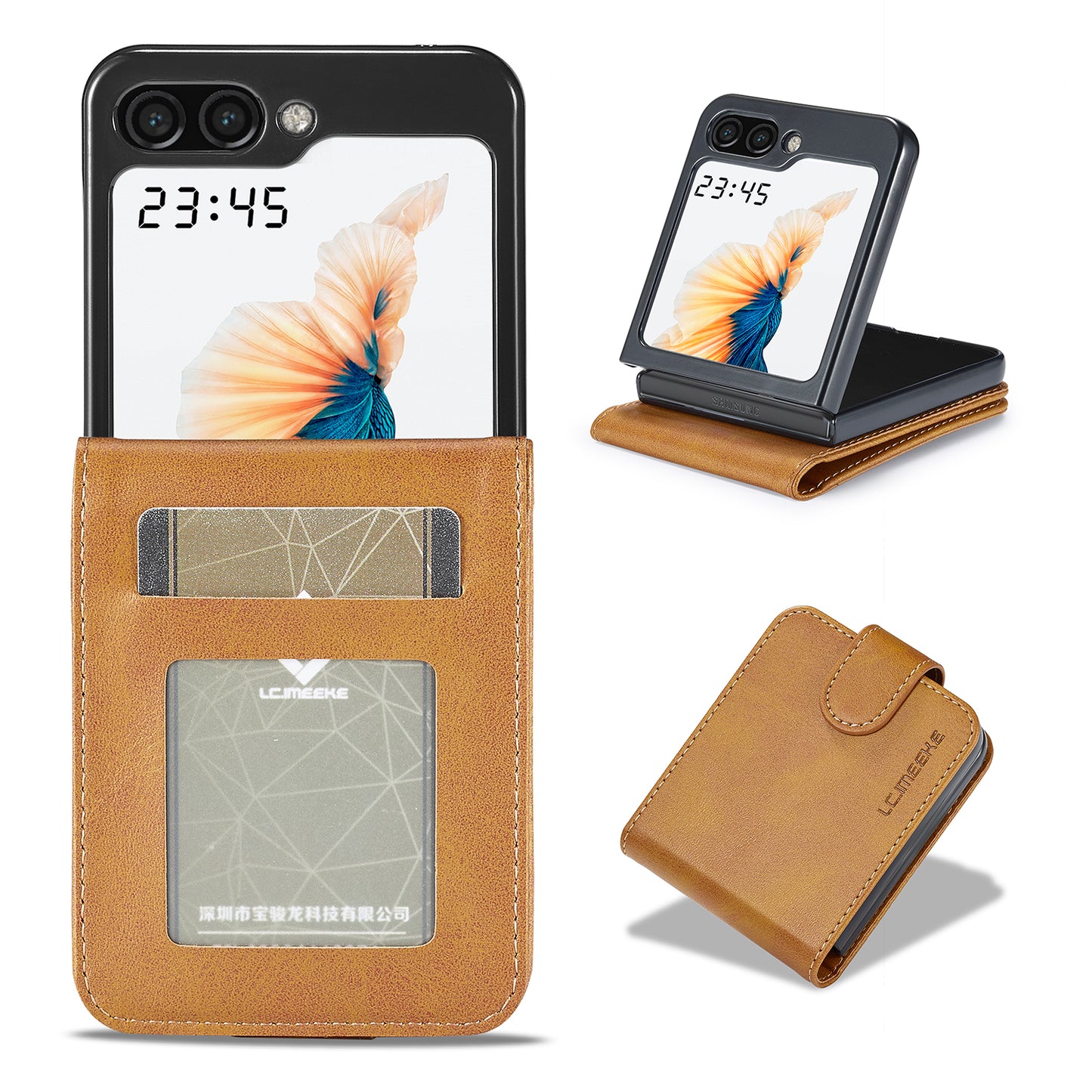 Uniqkart For Samsung Galaxy Z Flip5 5G PU Leather Phone Case Card Holder Calf Texture Stand Cover - Yellow