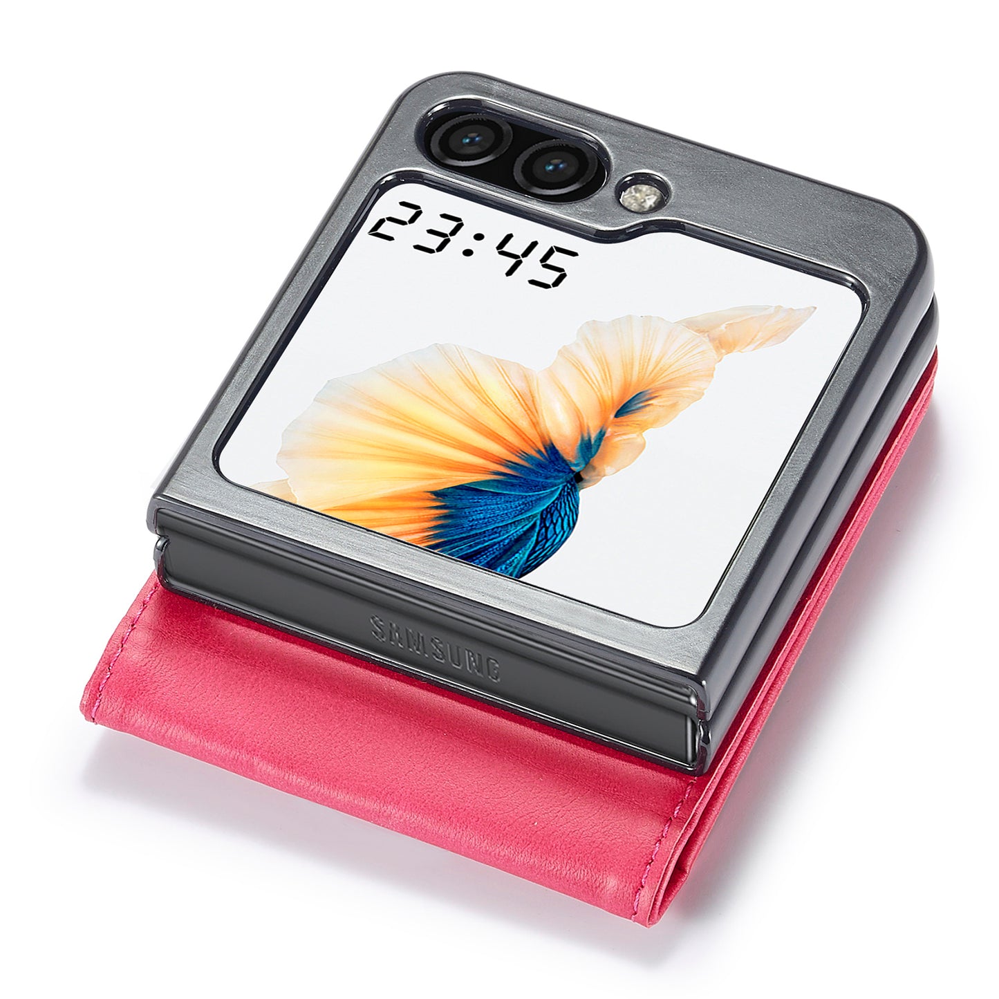 Uniqkart For Samsung Galaxy Z Flip5 5G PU Leather Phone Case Card Holder Calf Texture Stand Cover - Rose