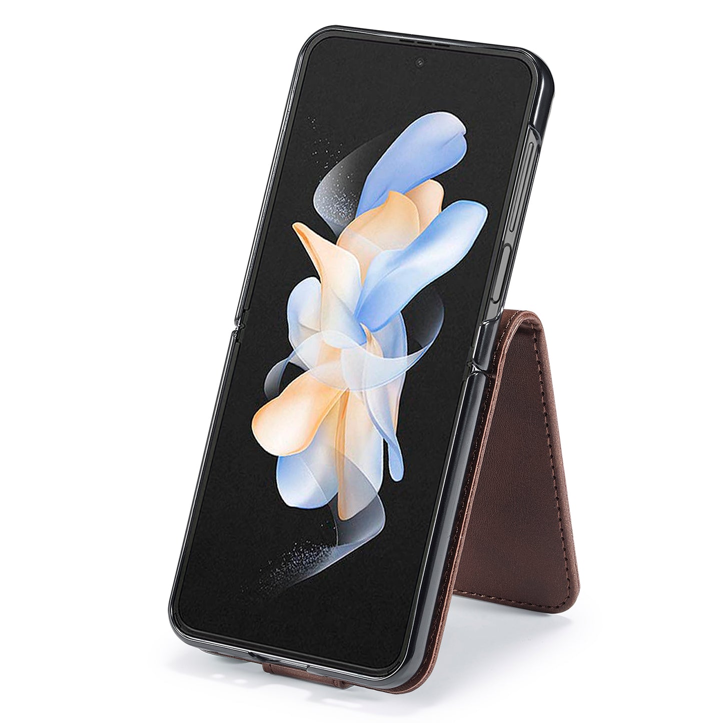 Uniqkart For Samsung Galaxy Z Flip5 5G PU Leather Phone Case Card Holder Calf Texture Stand Cover - Brown