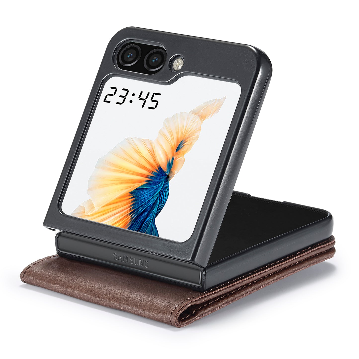 Uniqkart For Samsung Galaxy Z Flip5 5G PU Leather Phone Case Card Holder Calf Texture Stand Cover - Brown