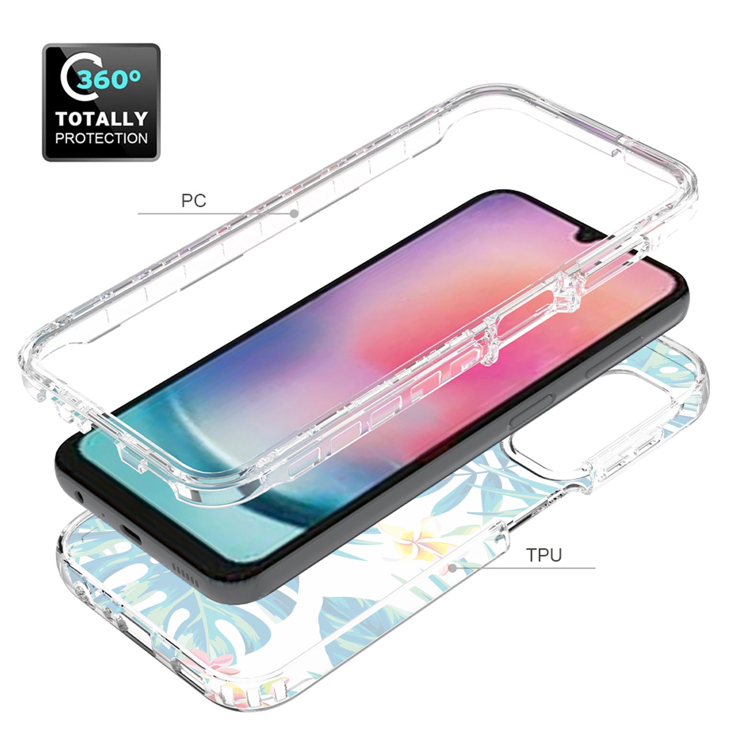 Uniqkart for Samsung Galaxy A24 4G Pattern Printing Phone Case PC Frame + TPU Transparent Phone Cover - Plantain Leaf