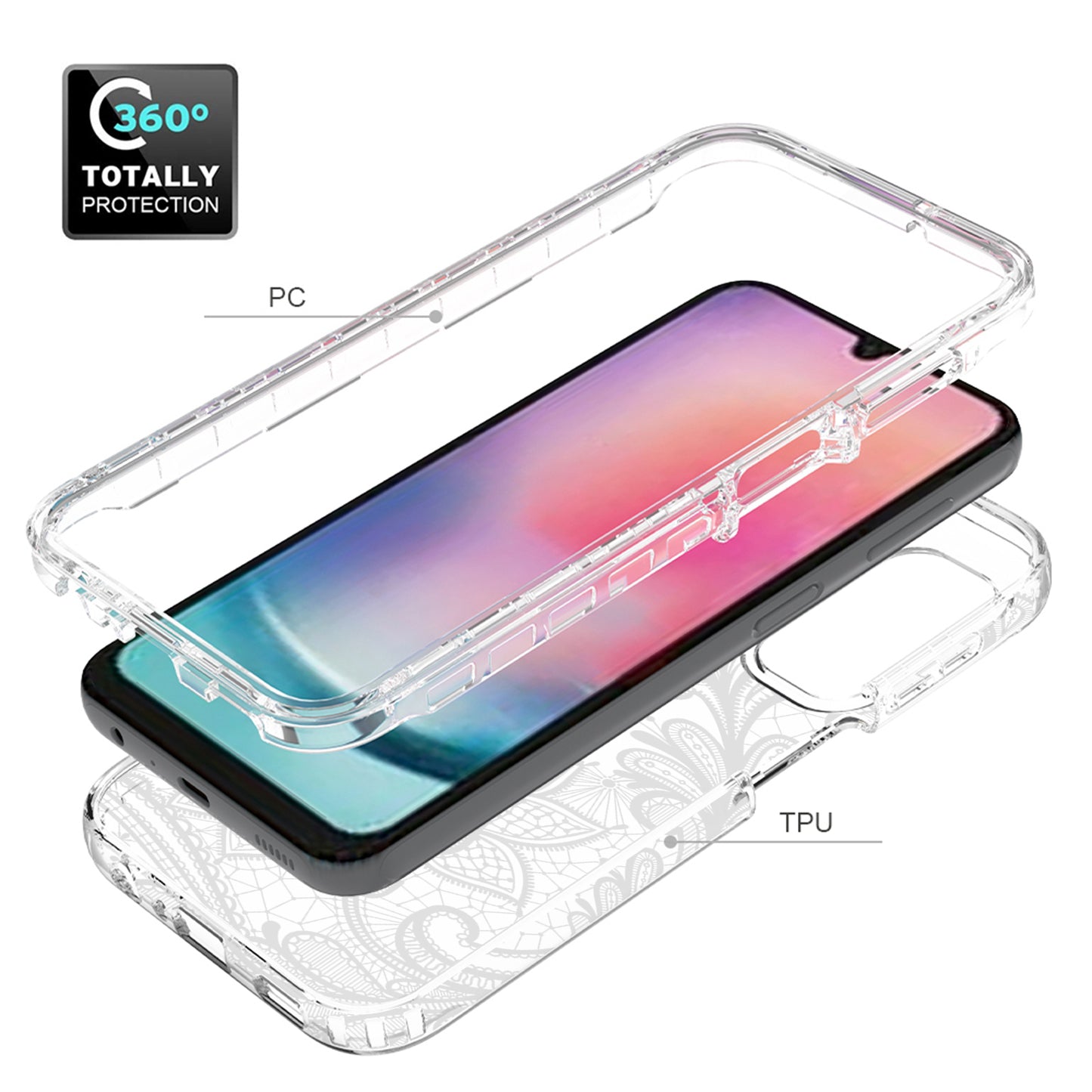 Uniqkart for Samsung Galaxy A24 4G Pattern Printing Phone Case PC Frame + TPU Transparent Phone Cover - Mandala Flower