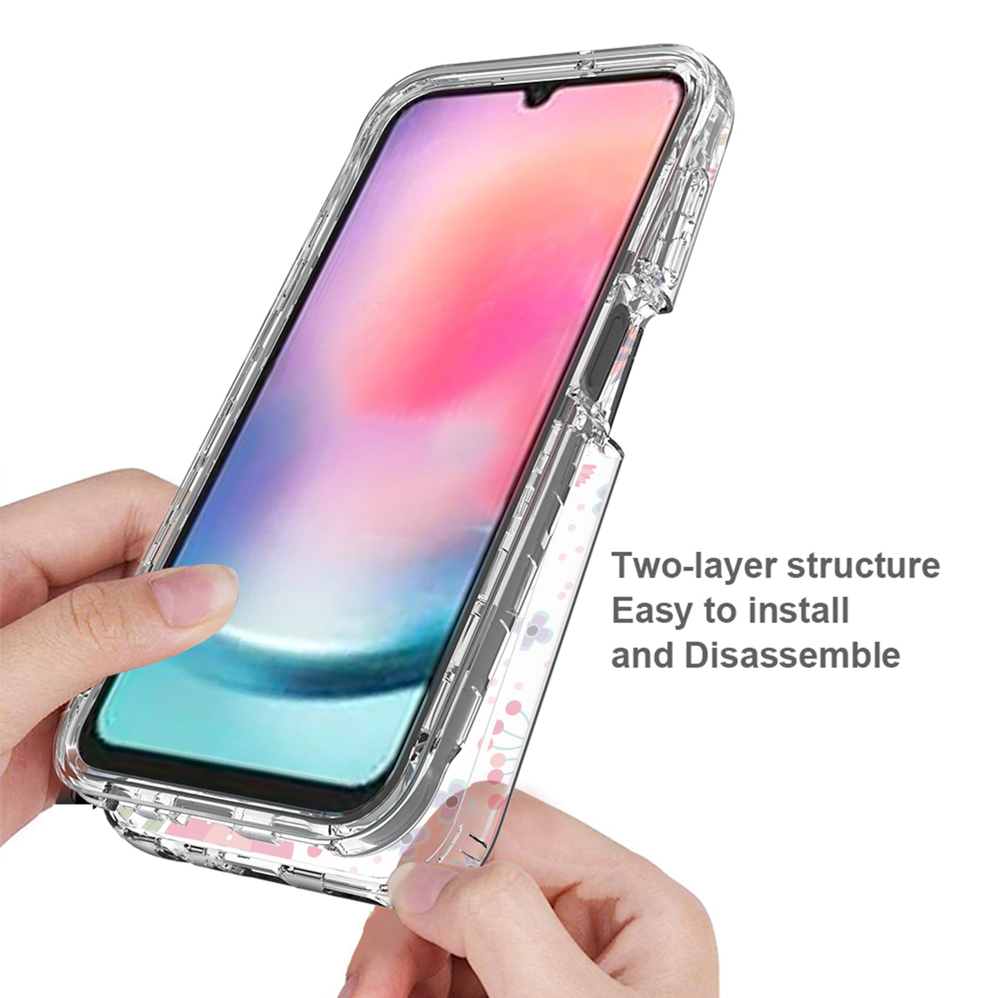 Uniqkart for Samsung Galaxy A24 4G Pattern Printing Phone Case PC Frame + TPU Transparent Phone Cover - Flower and Leaf