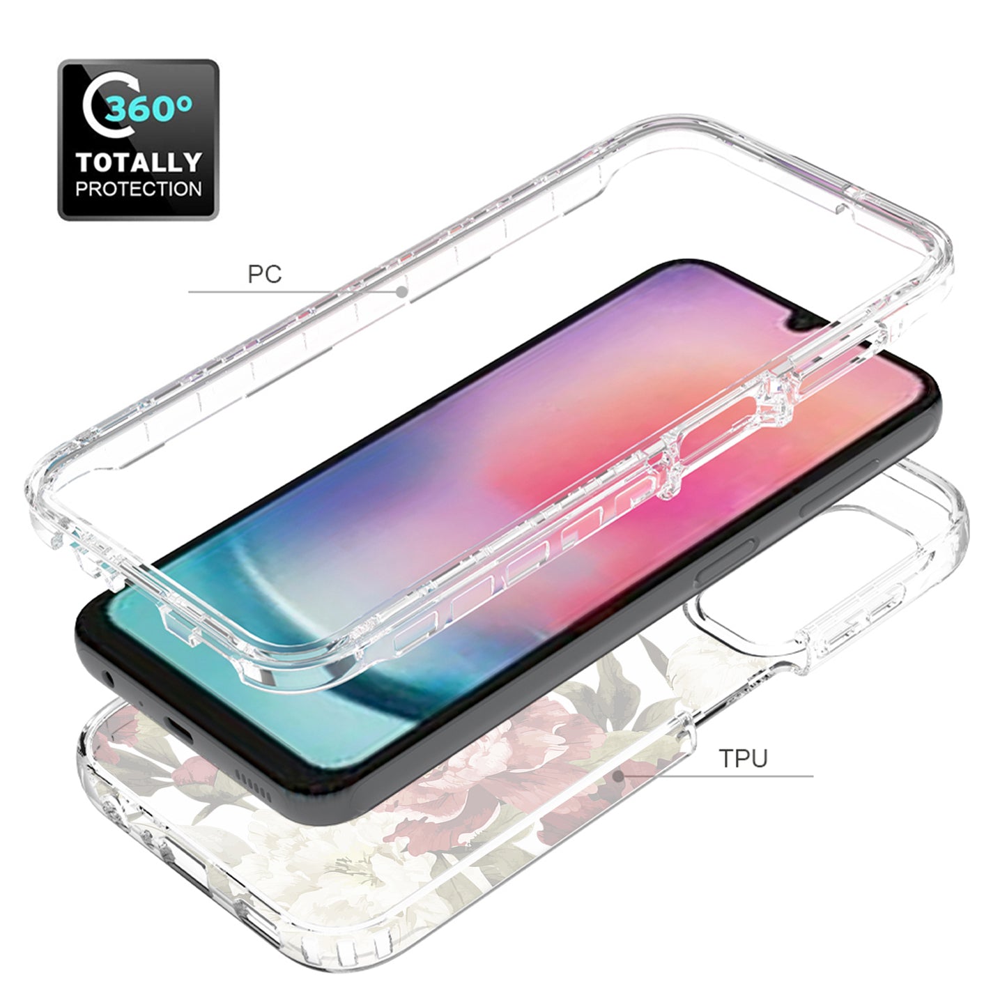 Uniqkart for Samsung Galaxy A24 4G Pattern Printing Phone Case PC Frame + TPU Transparent Phone Cover - Trumpet Flower
