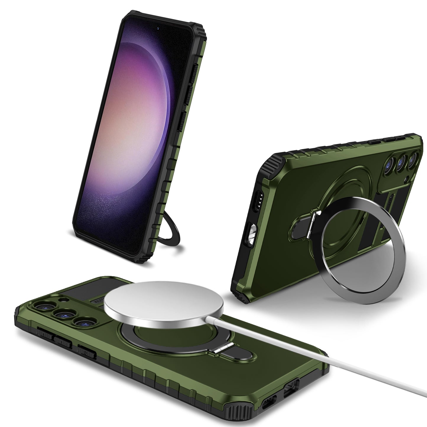 Uniqkart for Samsung Galaxy S23+ Magnetic Phone Case Kickstand PC+TPU Rugged Protective Cover - Green