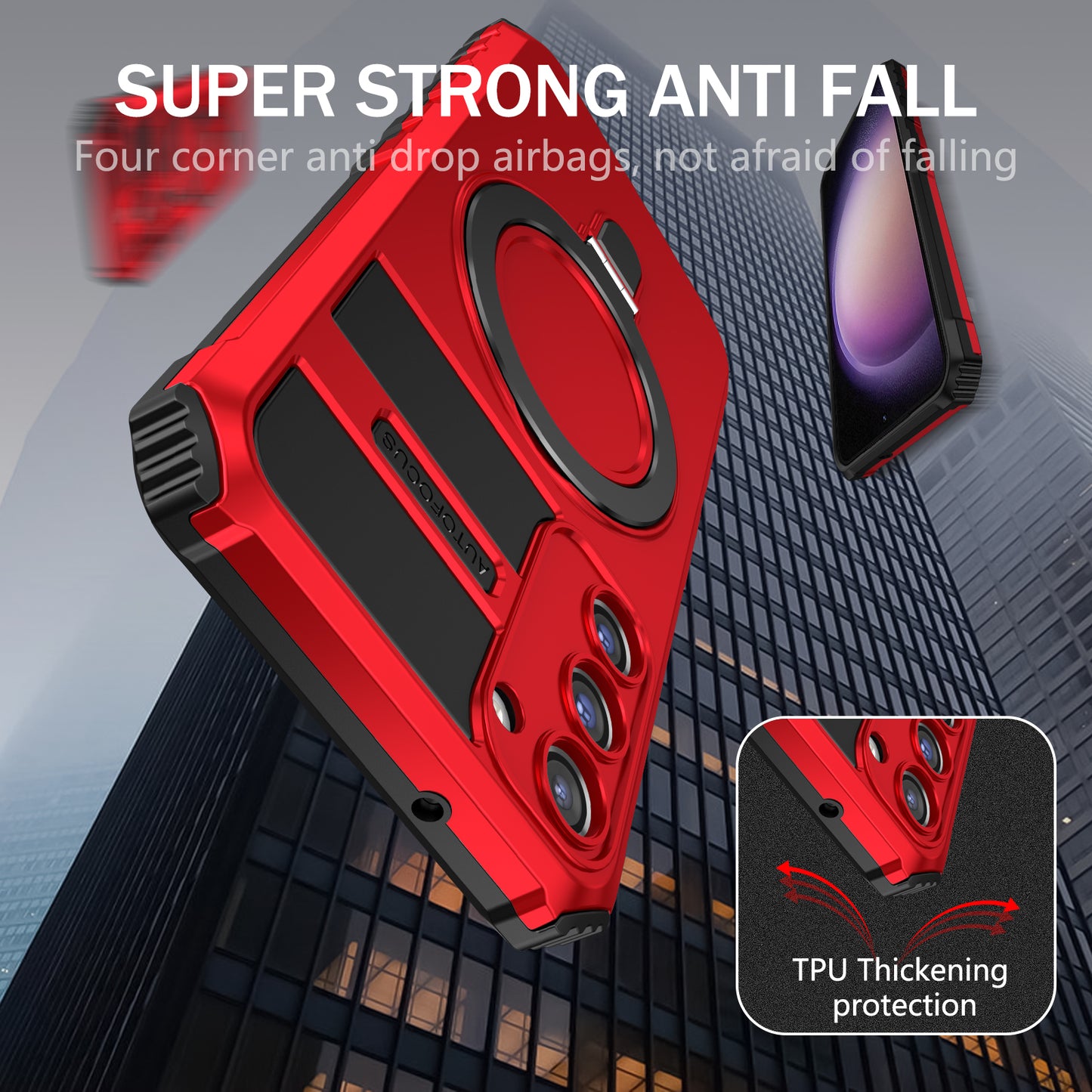 Uniqkart for Samsung Galaxy S23 Ring Kickstand Phone Case Shockproof PC+TPU Magnetic Cover - Red
