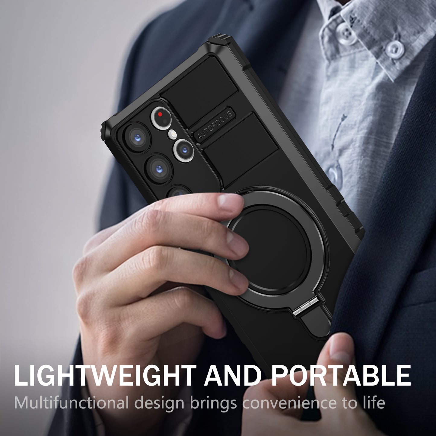 Uniqkart for Samsung Galaxy S23 Ultra PC+TPU Phone Case Magnetic Finger Grip Kickstand Cover - Black