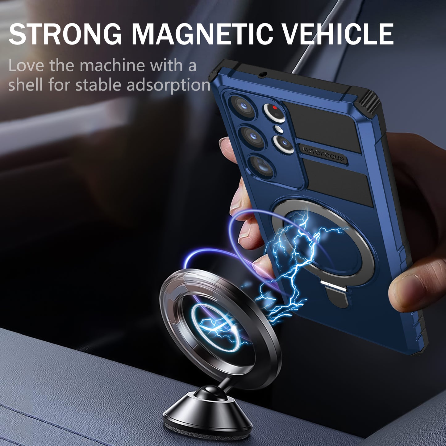 Uniqkart for Samsung Galaxy S23 Ultra PC+TPU Phone Case Magnetic Finger Grip Kickstand Cover - Blue