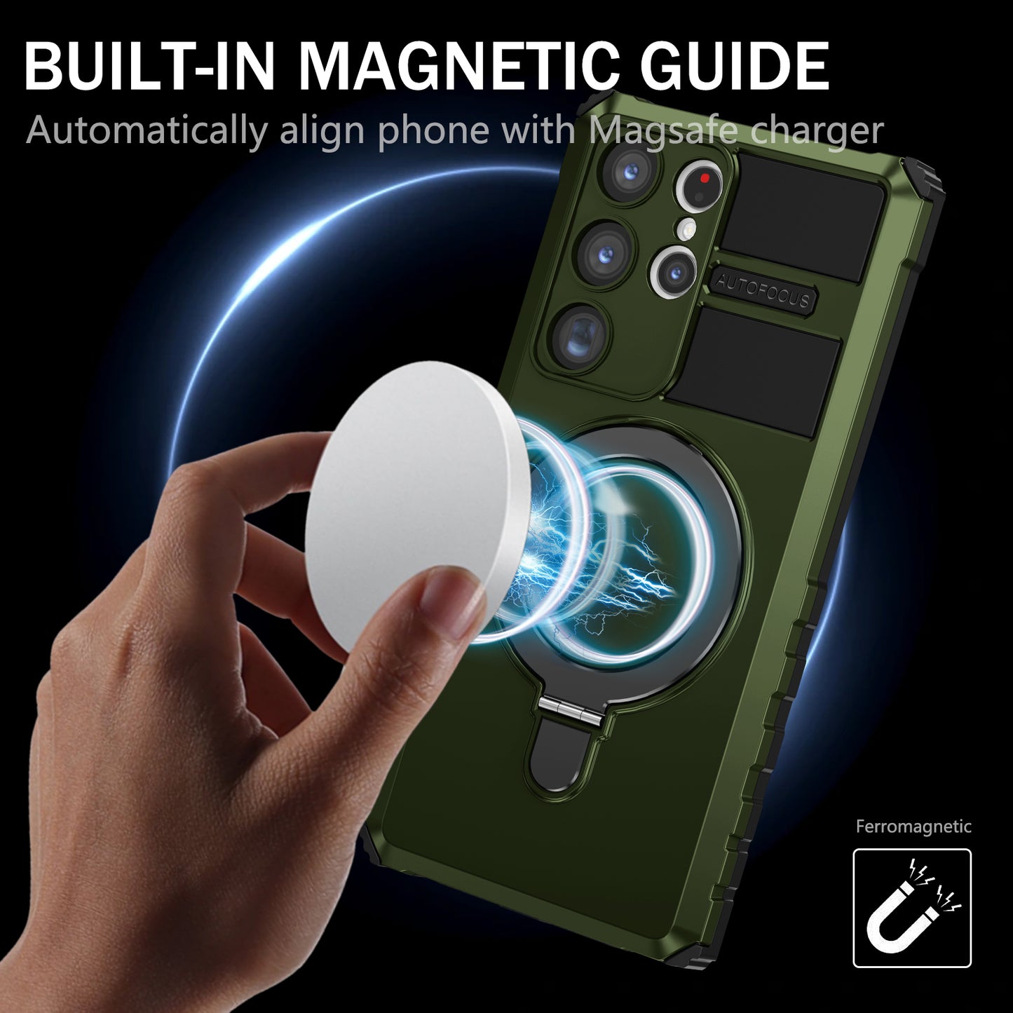 Uniqkart for Samsung Galaxy S23 Ultra PC+TPU Phone Case Magnetic Finger Grip Kickstand Cover - Green