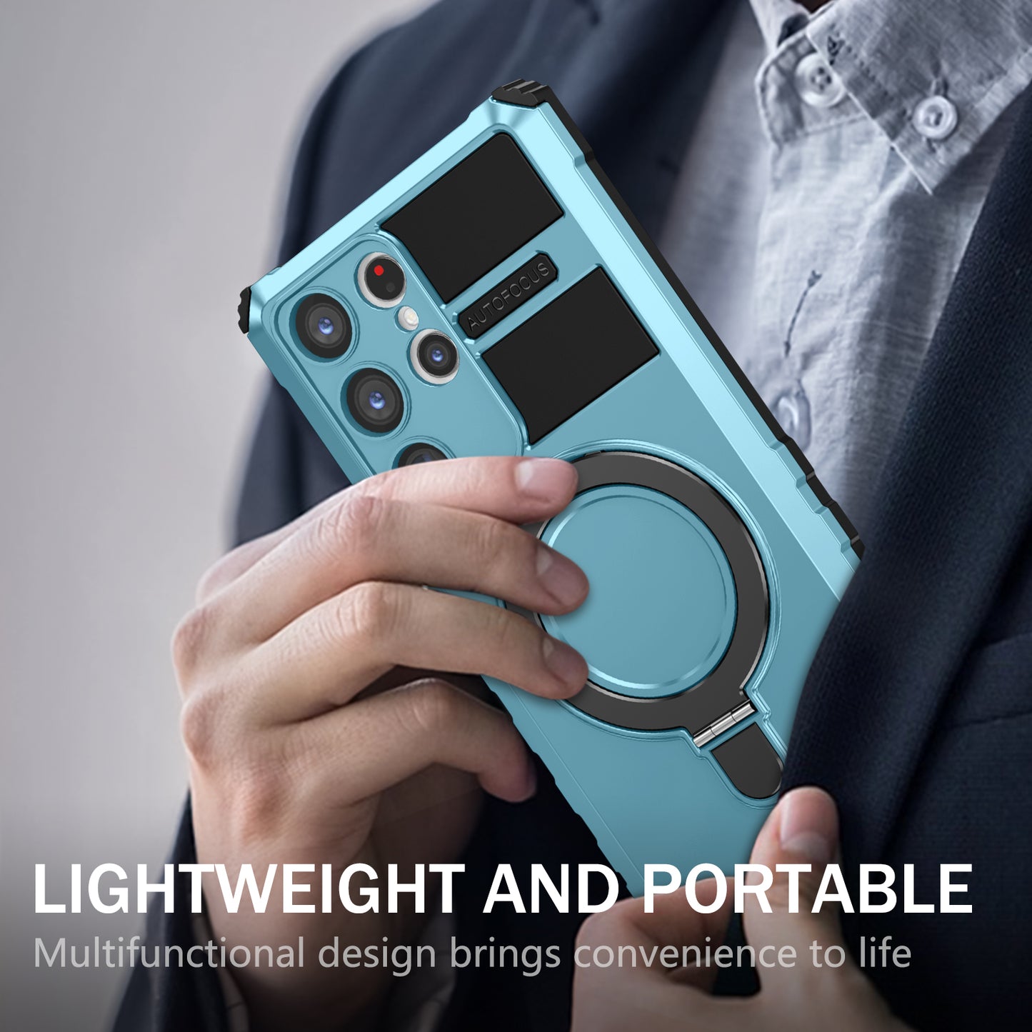 Uniqkart for Samsung Galaxy S23 Ultra PC+TPU Phone Case Magnetic Finger Grip Kickstand Cover - Baby Blue
