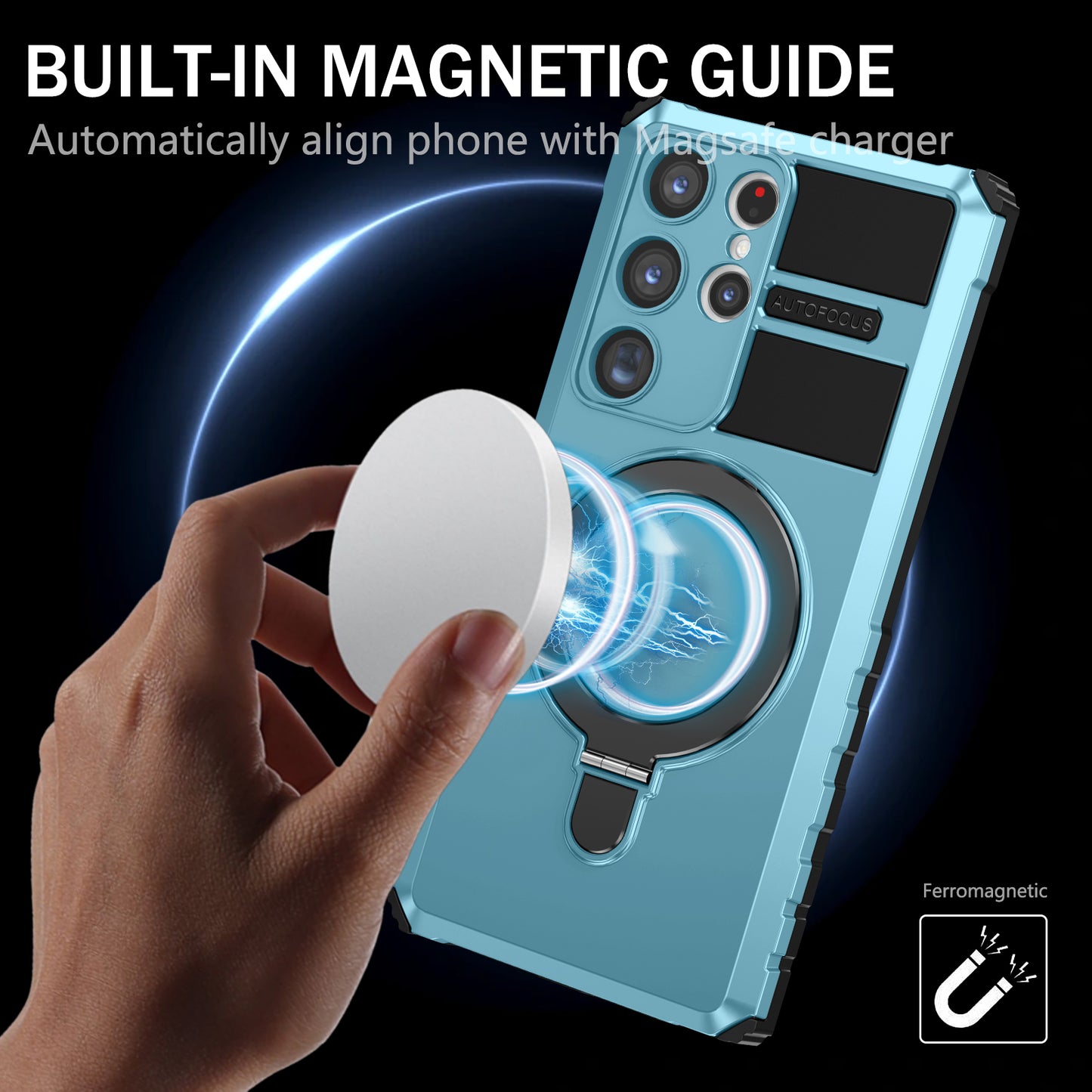 Uniqkart for Samsung Galaxy S23 Ultra PC+TPU Phone Case Magnetic Finger Grip Kickstand Cover - Baby Blue
