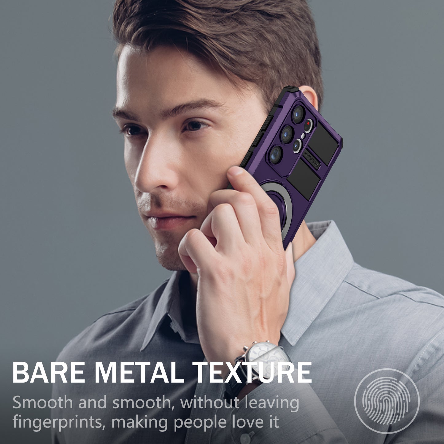 Uniqkart for Samsung Galaxy S23 Ultra PC+TPU Phone Case Magnetic Finger Grip Kickstand Cover - Purple