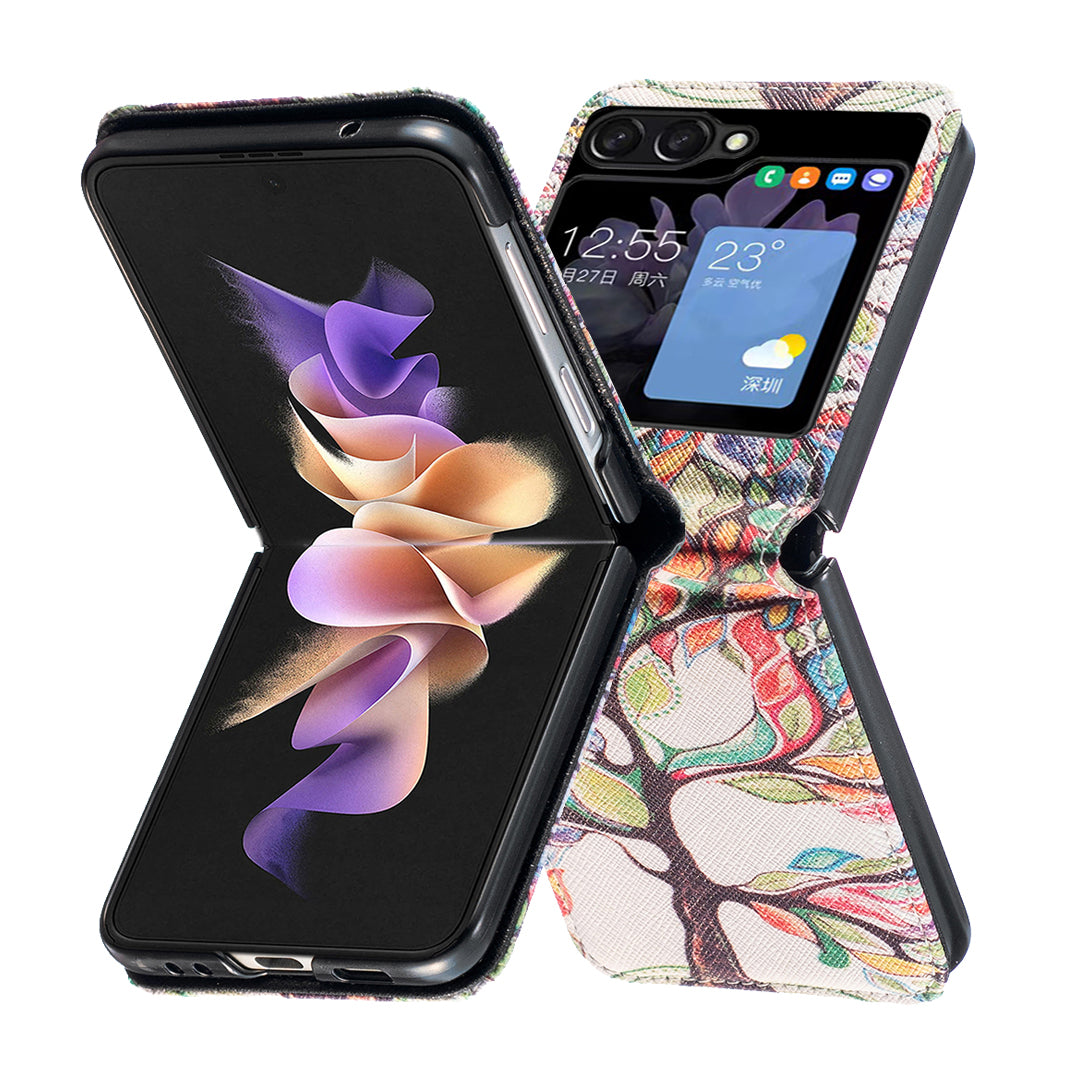 Uniqkart for Samsung Galaxy Z Flip5 5G PU Leather+PC Phone Case Pattern Printing Protective Cover - Life Tree
