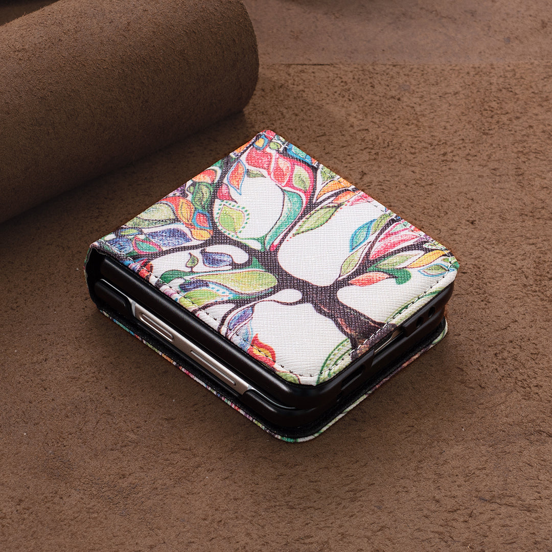 Uniqkart for Samsung Galaxy Z Flip5 5G PU Leather+PC Phone Case Pattern Printing Protective Cover - Life Tree