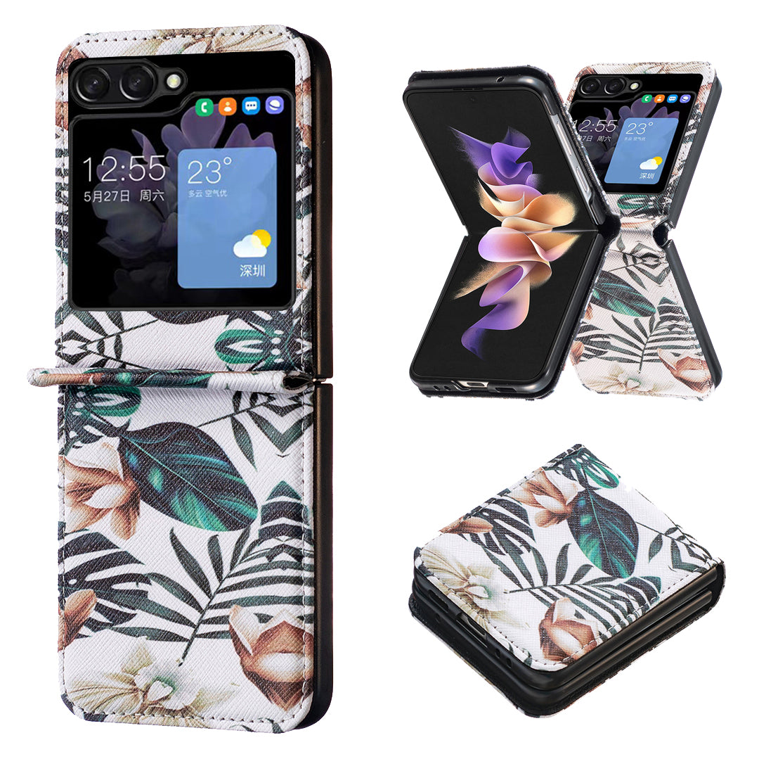 Uniqkart for Samsung Galaxy Z Flip5 5G PU Leather+PC Phone Case Pattern Printing Protective Cover - Leaves and Flowers
