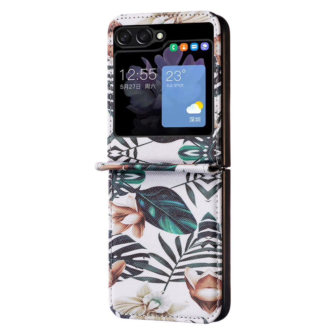 Uniqkart for Samsung Galaxy Z Flip5 5G PU Leather+PC Phone Case Pattern Printing Protective Cover - Leaves and Flowers