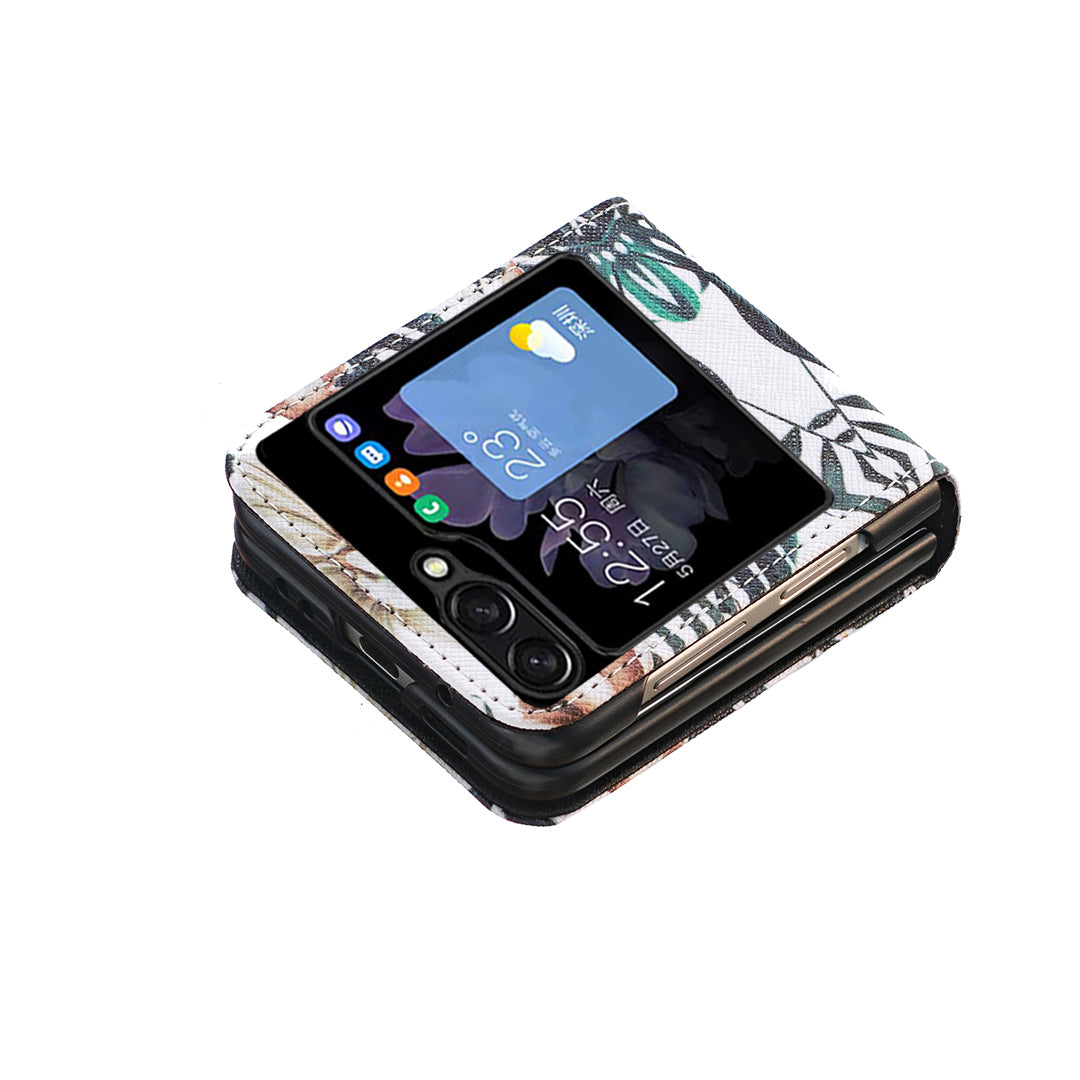 Uniqkart for Samsung Galaxy Z Flip5 5G PU Leather+PC Phone Case Pattern Printing Protective Cover - Leaves and Flowers