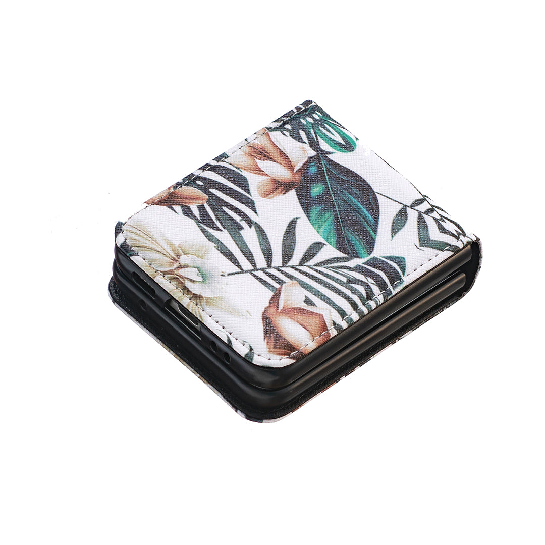 Uniqkart for Samsung Galaxy Z Flip5 5G PU Leather+PC Phone Case Pattern Printing Protective Cover - Leaves and Flowers