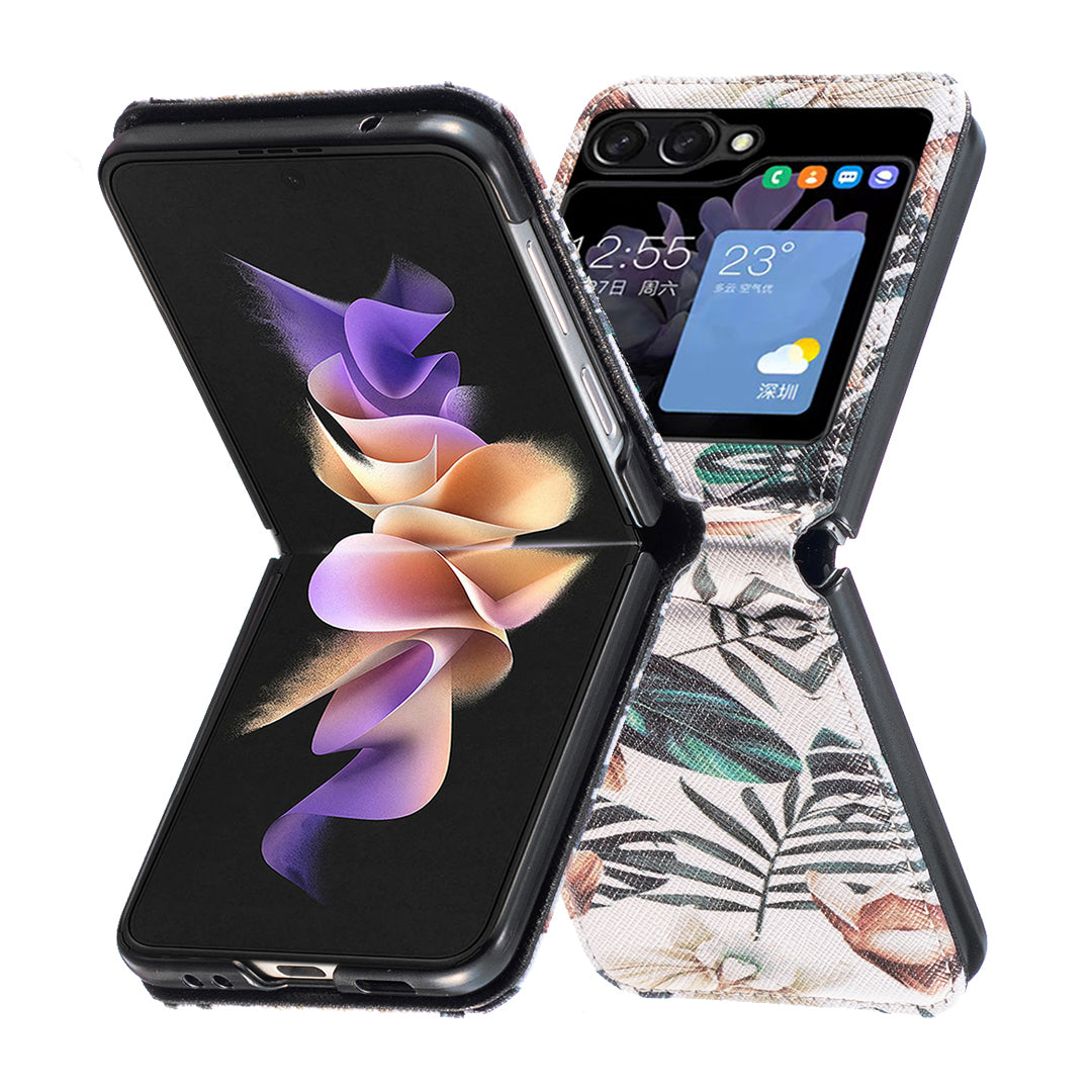 Uniqkart for Samsung Galaxy Z Flip5 5G PU Leather+PC Phone Case Pattern Printing Protective Cover - Leaves and Flowers