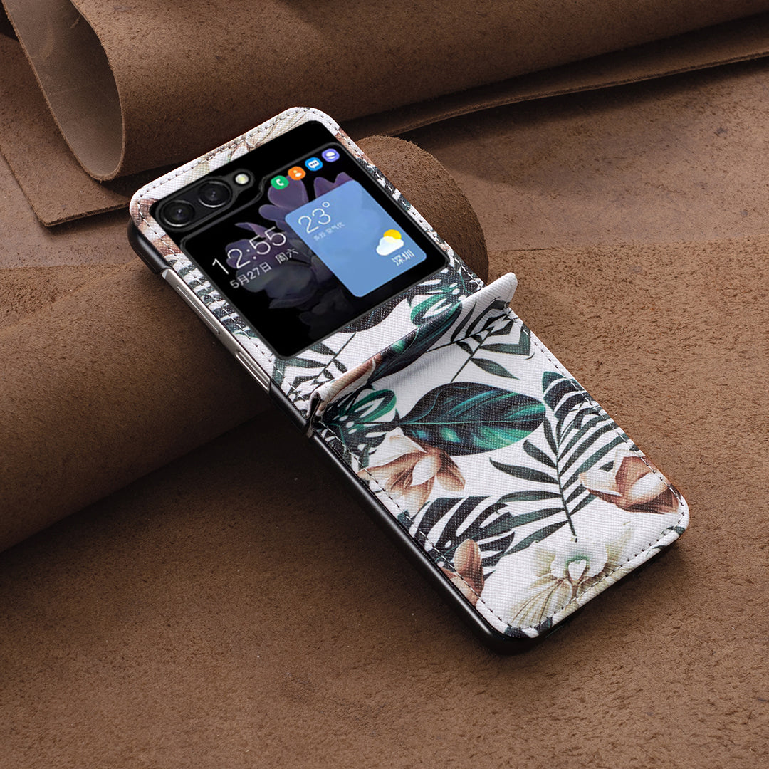 Uniqkart for Samsung Galaxy Z Flip5 5G PU Leather+PC Phone Case Pattern Printing Protective Cover - Leaves and Flowers