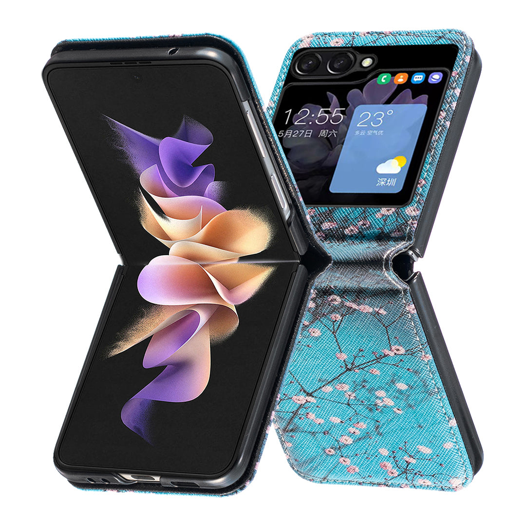Uniqkart for Samsung Galaxy Z Flip5 5G PU Leather+PC Phone Case Pattern Printing Protective Cover - Plum Blossom