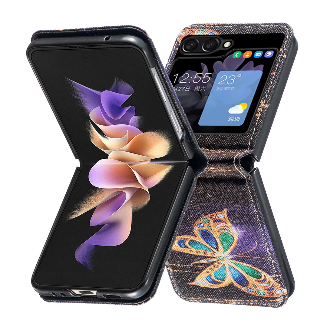 Uniqkart for Samsung Galaxy Z Flip5 5G PU Leather+PC Phone Case Pattern Printing Protective Cover - Jewelry Butterfly