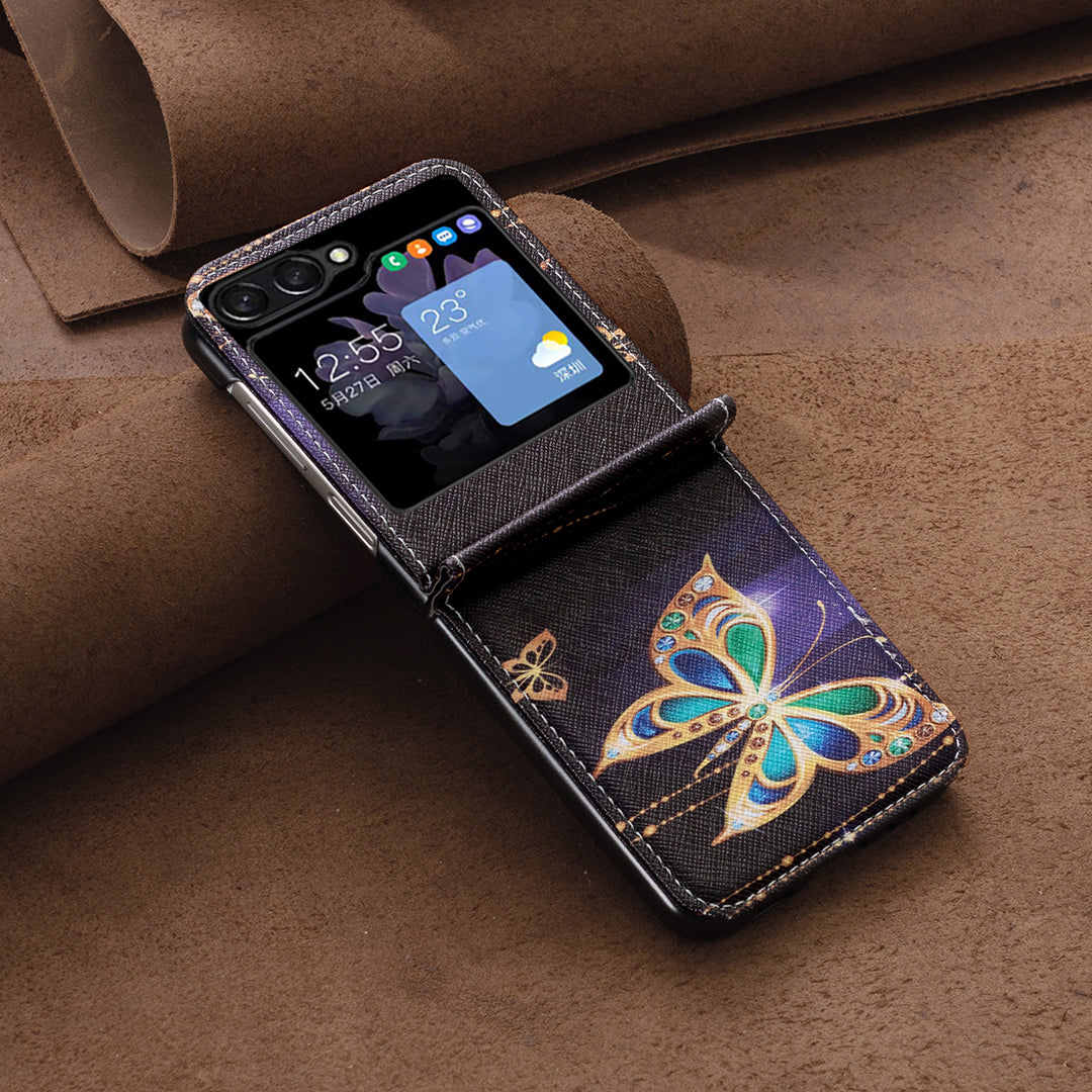 Uniqkart for Samsung Galaxy Z Flip5 5G PU Leather+PC Phone Case Pattern Printing Protective Cover - Jewelry Butterfly