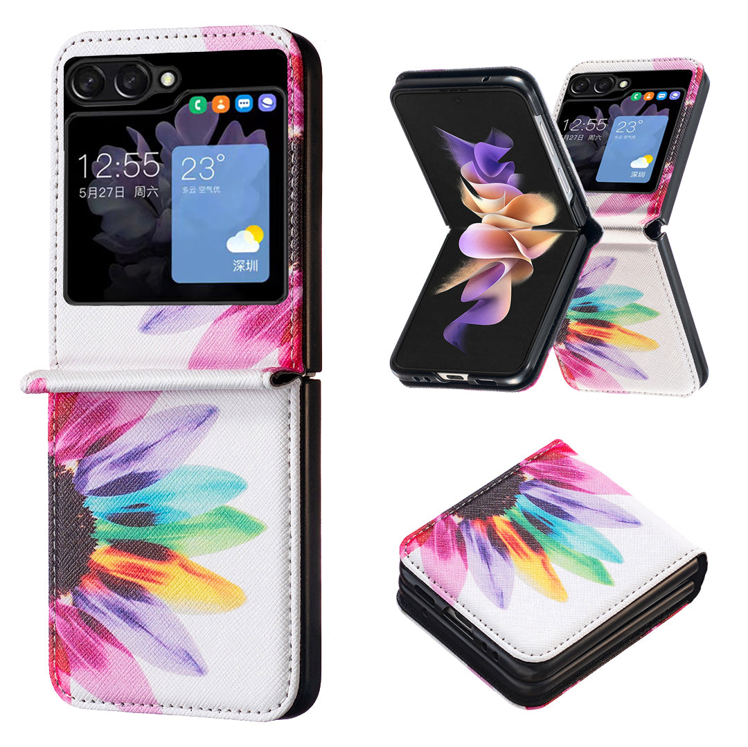 Uniqkart for Samsung Galaxy Z Flip5 5G PU Leather+PC Phone Case Pattern Printing Protective Cover - Sunflower