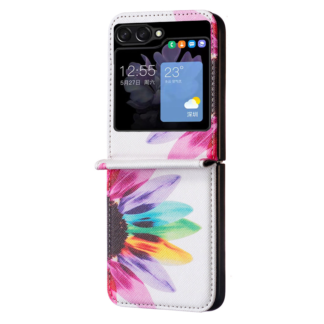 Uniqkart for Samsung Galaxy Z Flip5 5G PU Leather+PC Phone Case Pattern Printing Protective Cover - Sunflower