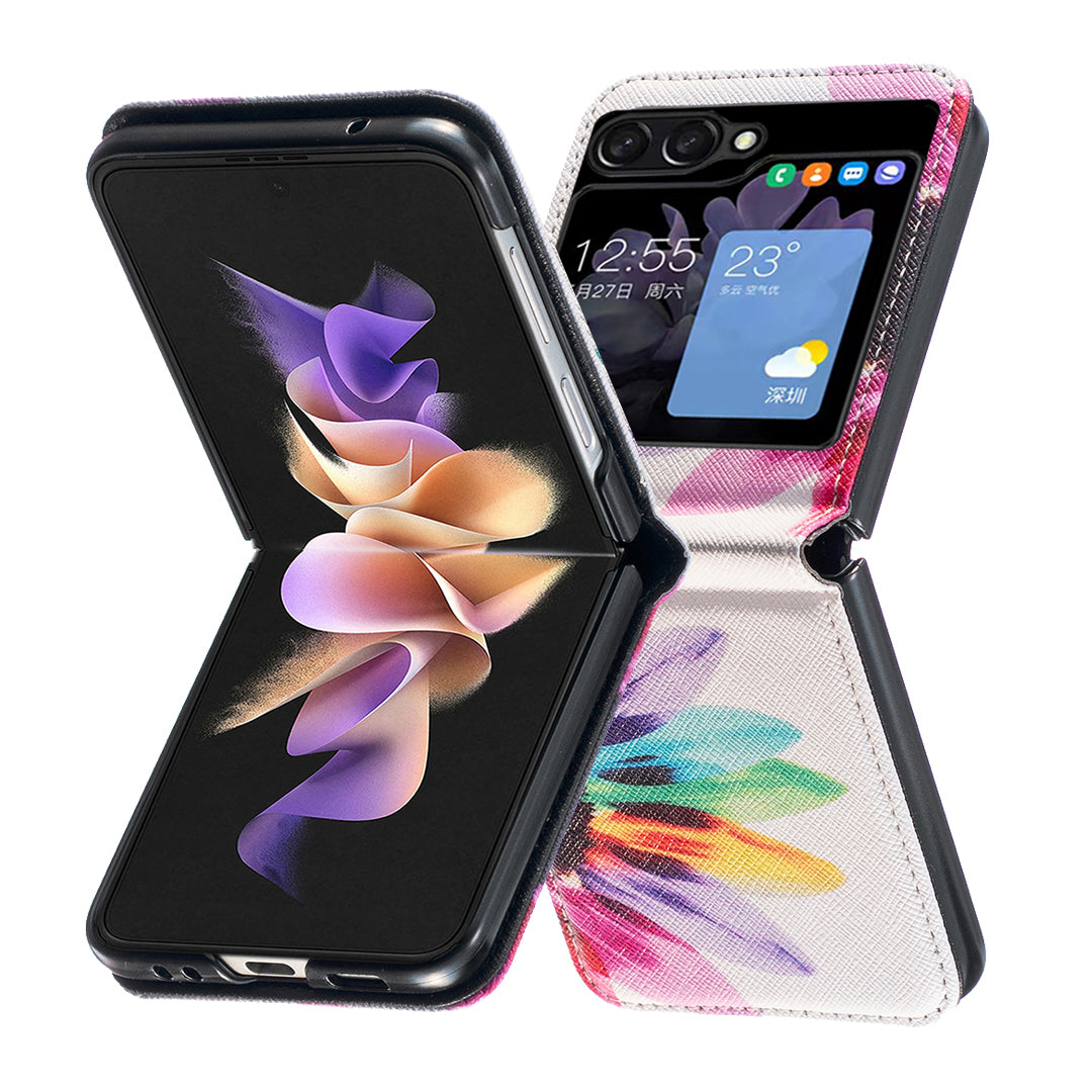 Uniqkart for Samsung Galaxy Z Flip5 5G PU Leather+PC Phone Case Pattern Printing Protective Cover - Sunflower