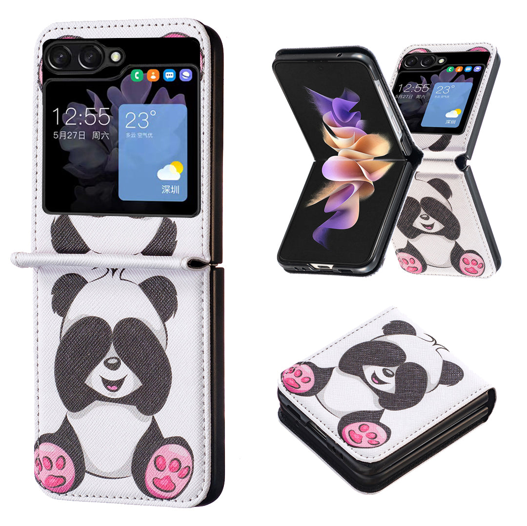 Uniqkart for Samsung Galaxy Z Flip5 5G PU Leather+PC Phone Case Pattern Printing Protective Cover - Panda