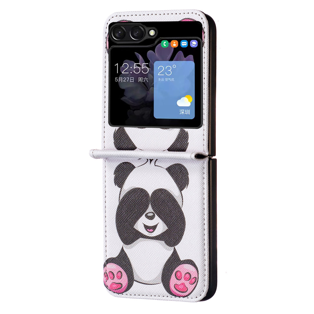 Uniqkart for Samsung Galaxy Z Flip5 5G PU Leather+PC Phone Case Pattern Printing Protective Cover - Panda
