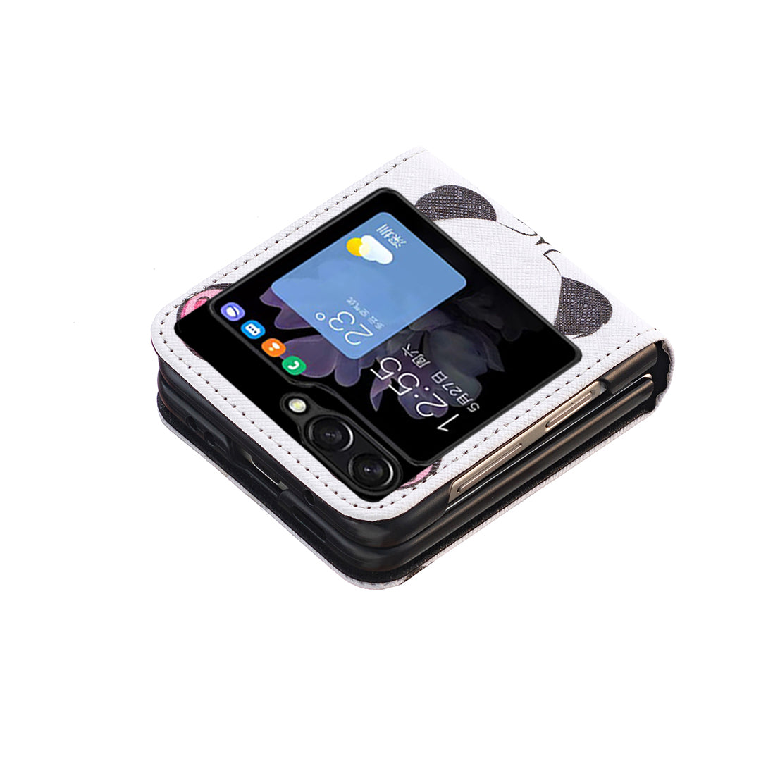 Uniqkart for Samsung Galaxy Z Flip5 5G PU Leather+PC Phone Case Pattern Printing Protective Cover - Panda