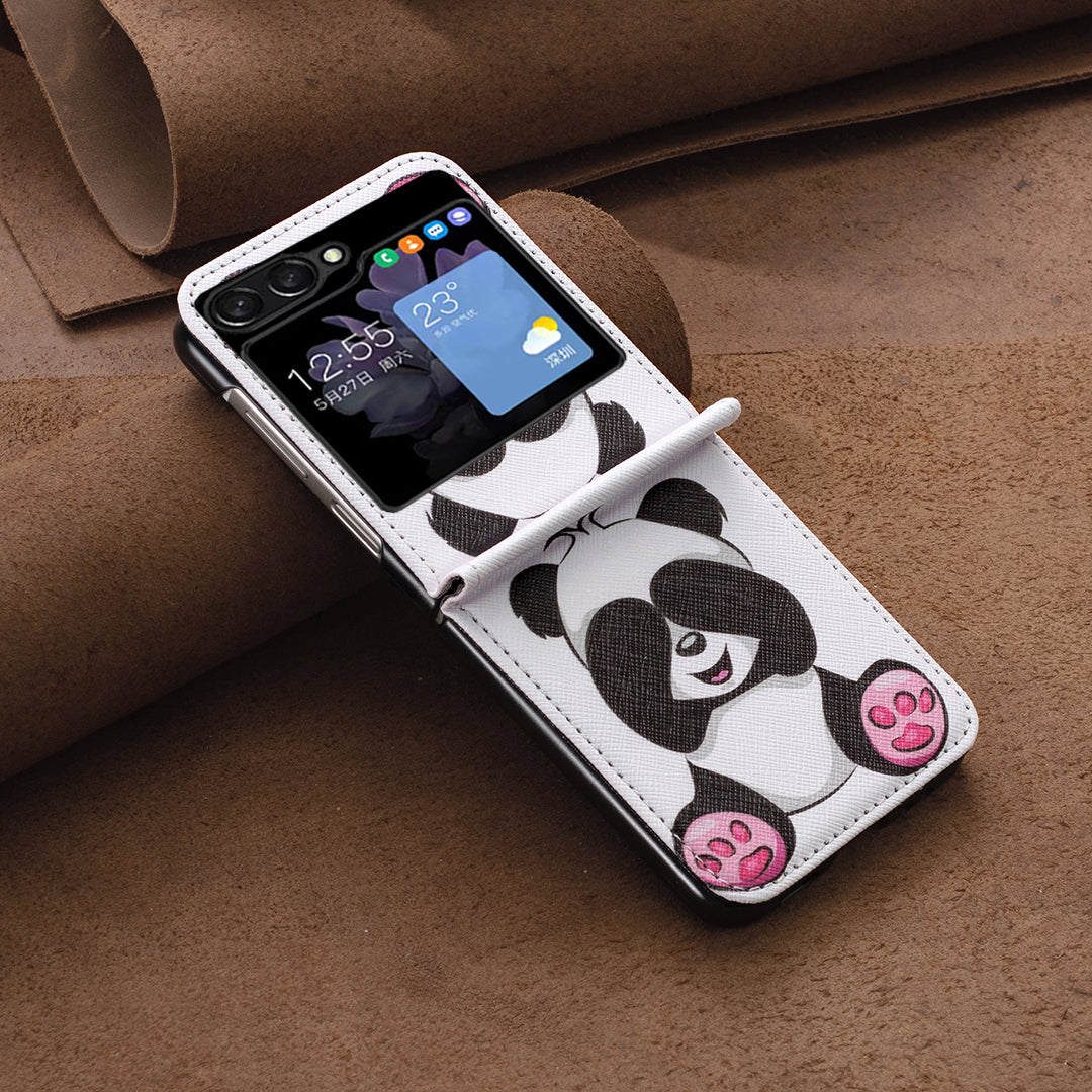 Uniqkart for Samsung Galaxy Z Flip5 5G PU Leather+PC Phone Case Pattern Printing Protective Cover - Panda