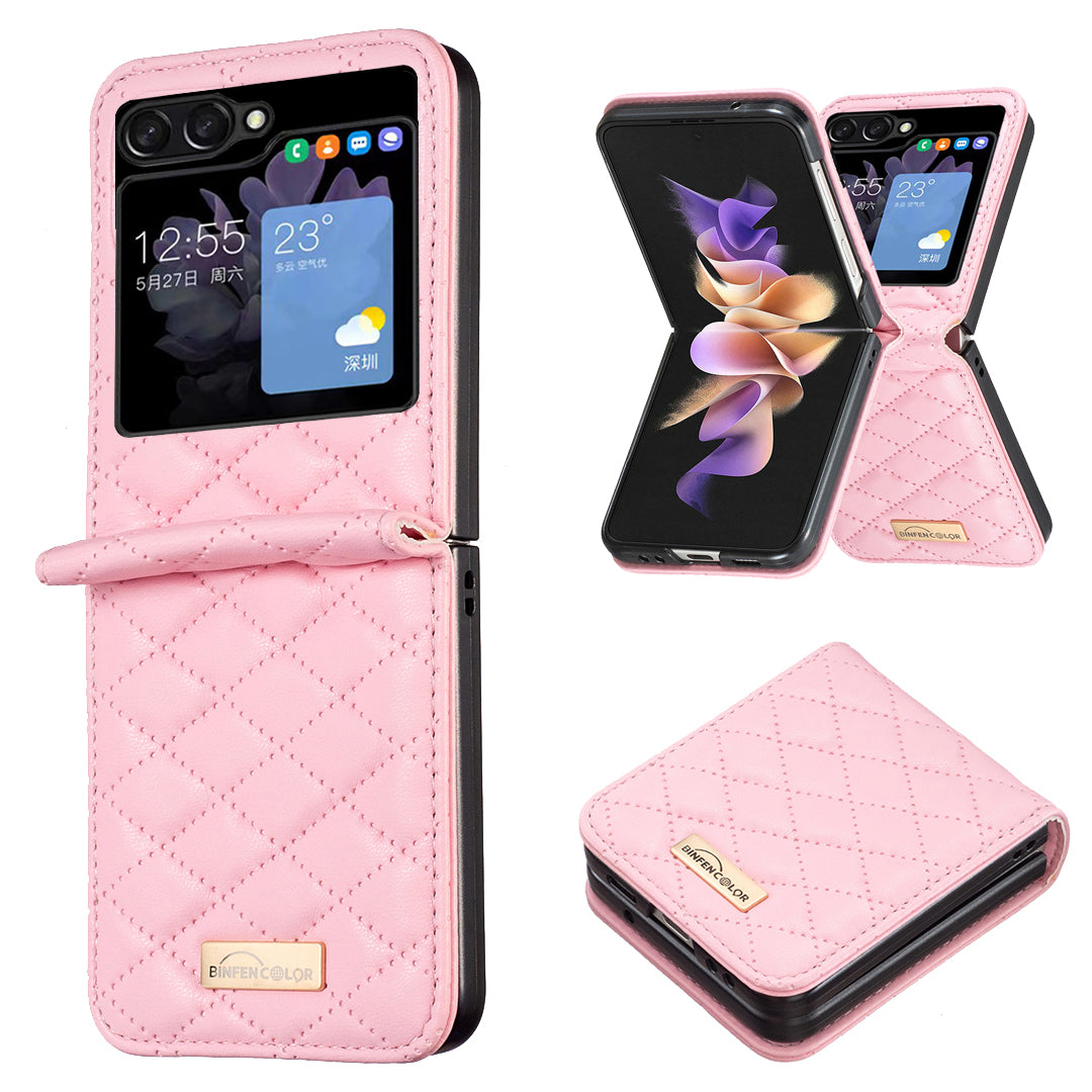 Binfen Color For Samsung Galaxy Z Flip5 5G PU Leather+PC Case Imprinted Rhombus Pattern Phone Cover - Pink