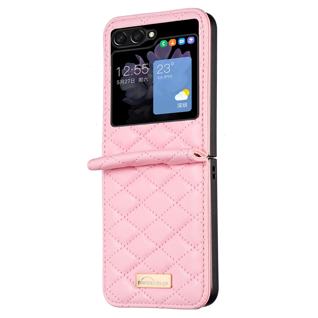 Binfen Color For Samsung Galaxy Z Flip5 5G PU Leather+PC Case Imprinted Rhombus Pattern Phone Cover - Pink