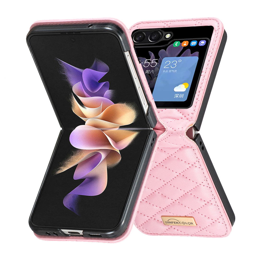 Binfen Color For Samsung Galaxy Z Flip5 5G PU Leather+PC Case Imprinted Rhombus Pattern Phone Cover - Pink