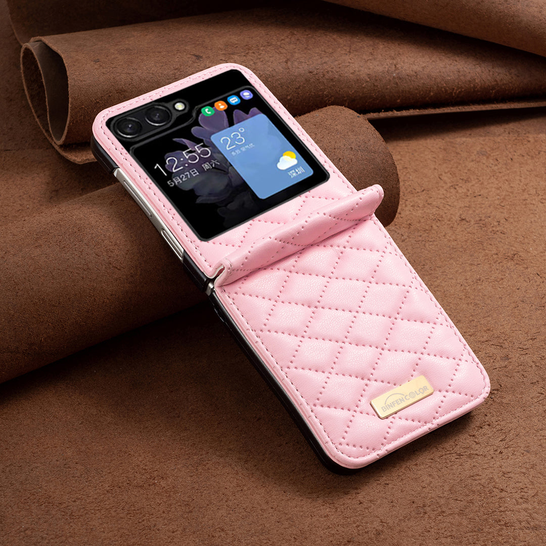 Binfen Color For Samsung Galaxy Z Flip5 5G PU Leather+PC Case Imprinted Rhombus Pattern Phone Cover - Pink