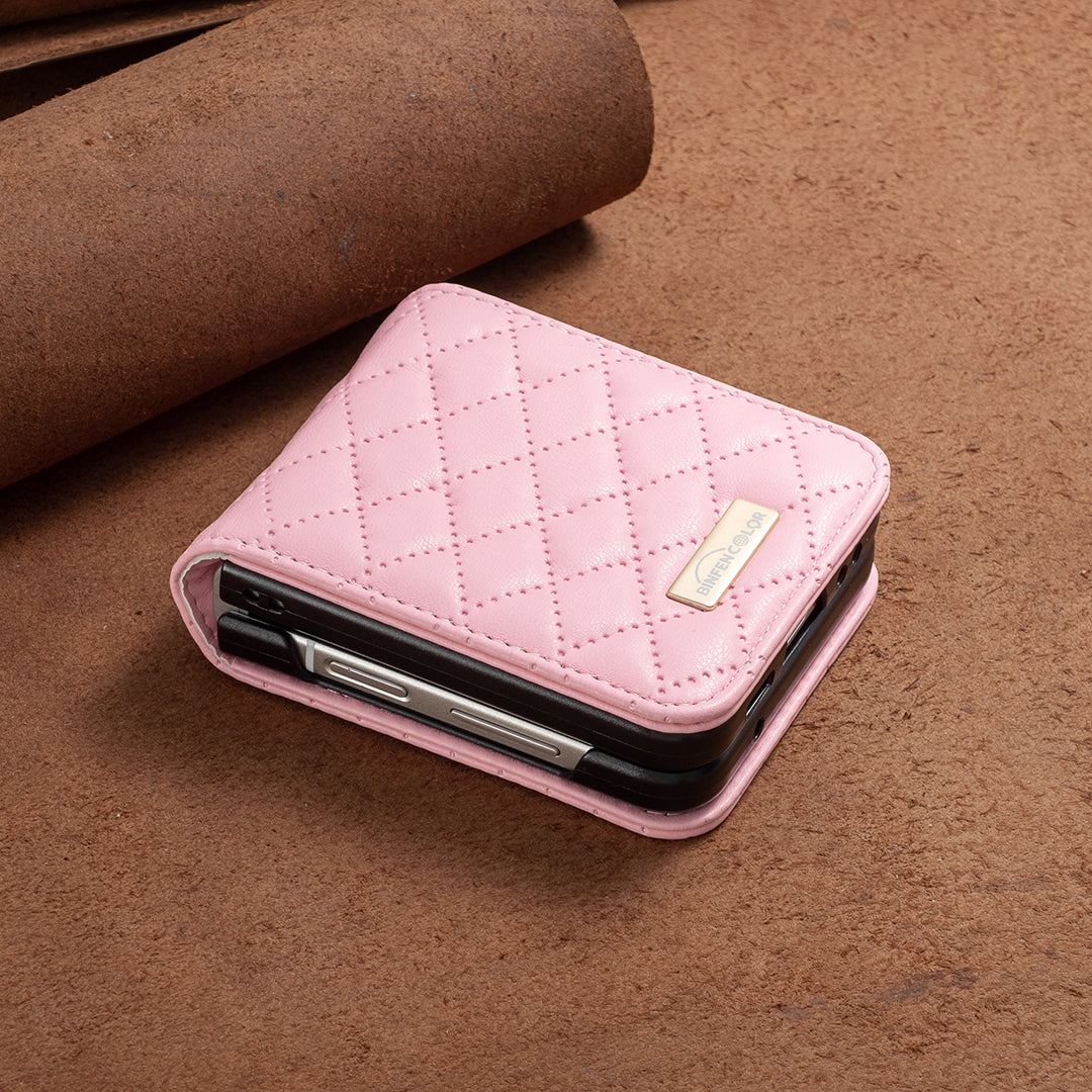 Binfen Color For Samsung Galaxy Z Flip5 5G PU Leather+PC Case Imprinted Rhombus Pattern Phone Cover - Pink