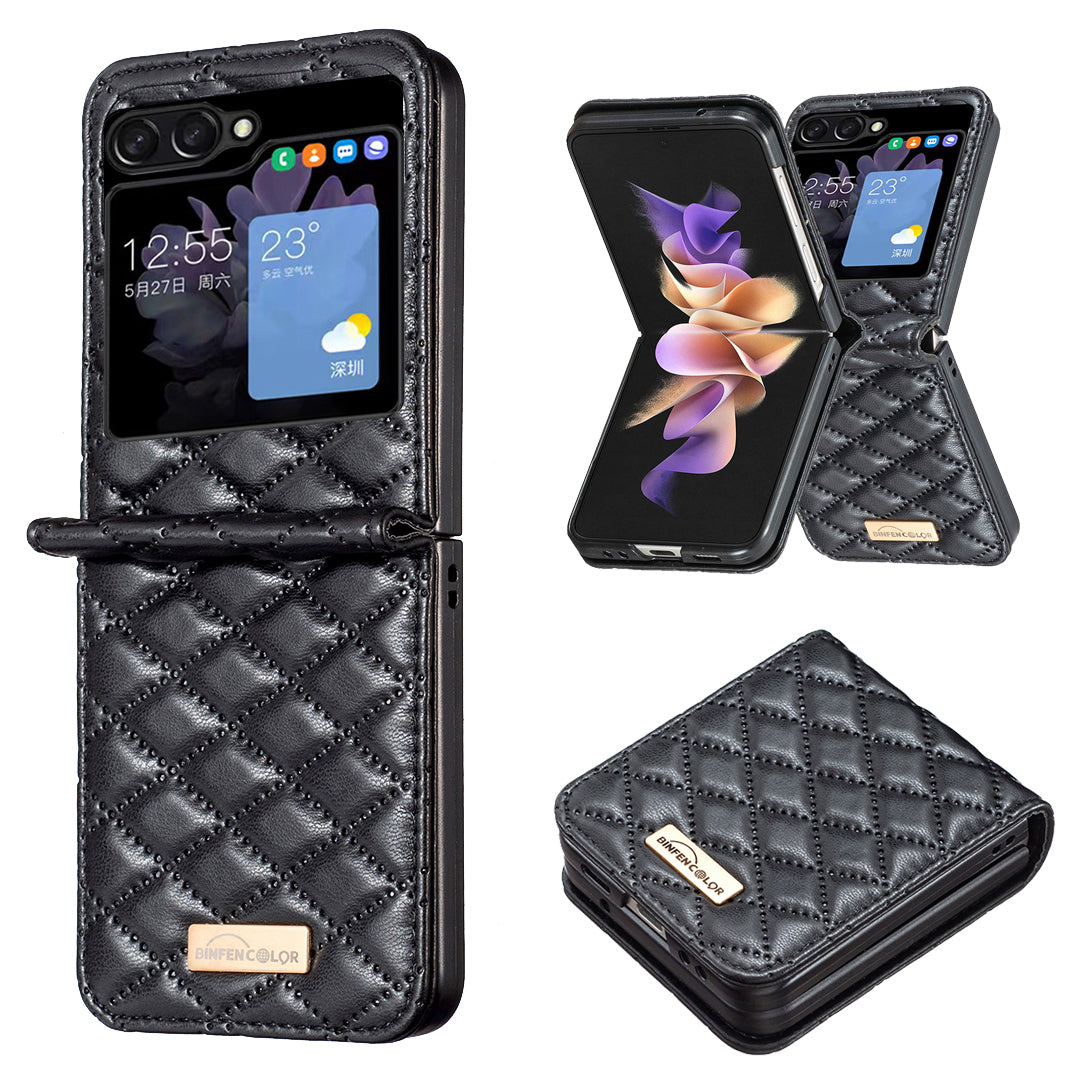 Binfen Color For Samsung Galaxy Z Flip5 5G PU Leather+PC Case Imprinted Rhombus Pattern Phone Cover - Black