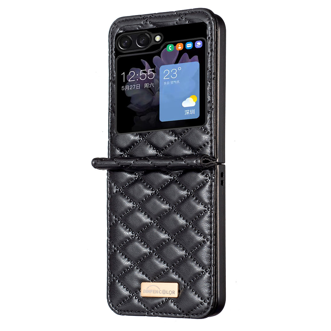 Binfen Color For Samsung Galaxy Z Flip5 5G PU Leather+PC Case Imprinted Rhombus Pattern Phone Cover - Black