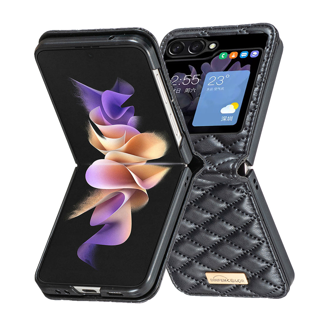 Binfen Color For Samsung Galaxy Z Flip5 5G PU Leather+PC Case Imprinted Rhombus Pattern Phone Cover - Black
