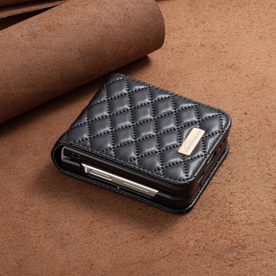 Binfen Color For Samsung Galaxy Z Flip5 5G PU Leather+PC Case Imprinted Rhombus Pattern Phone Cover - Black