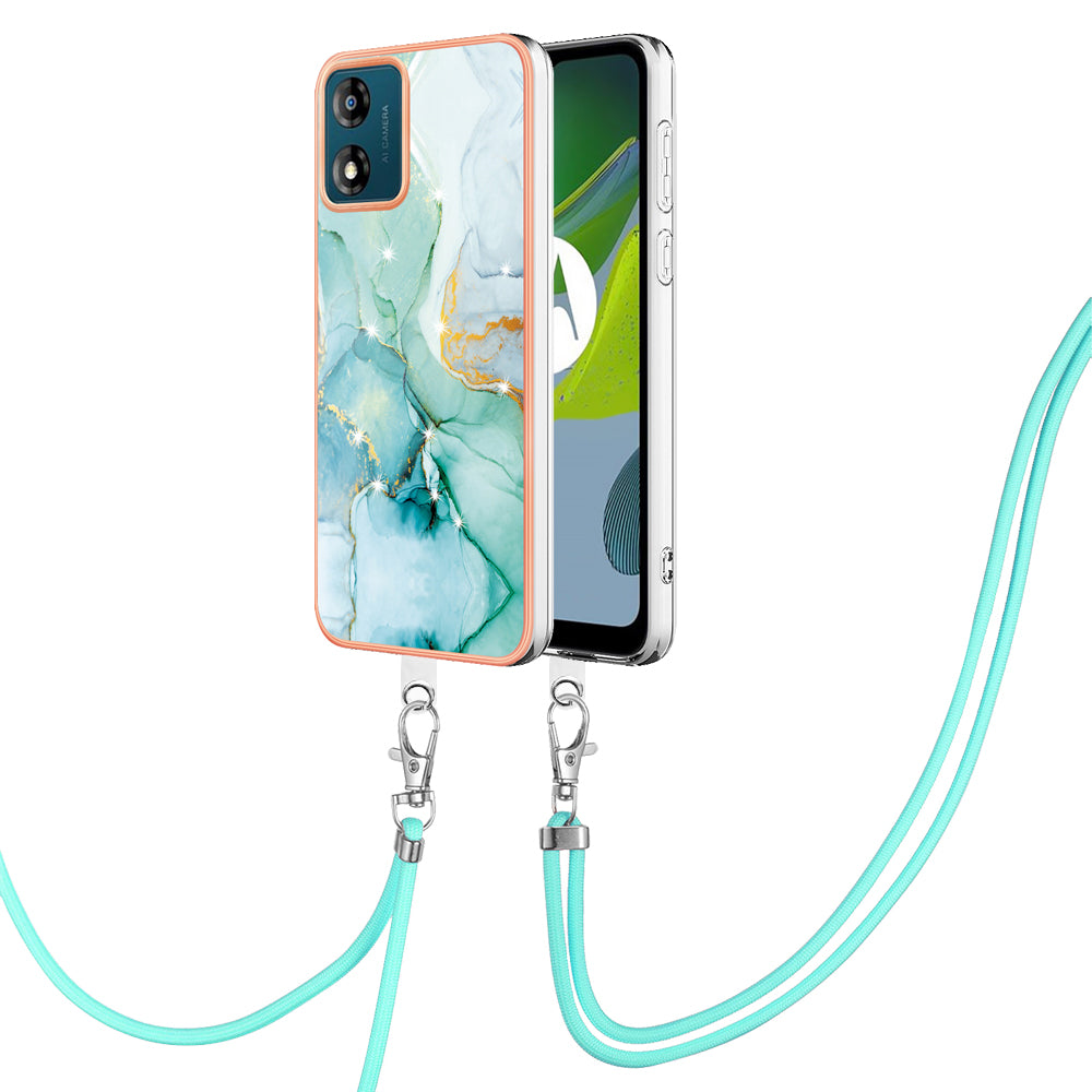 YB IMD Series-9 For Motorola Moto E13 4G IMD Marble Pattern Phone Case Electroplating TPU Anti-scratch Cover with Lanyard - Green 003