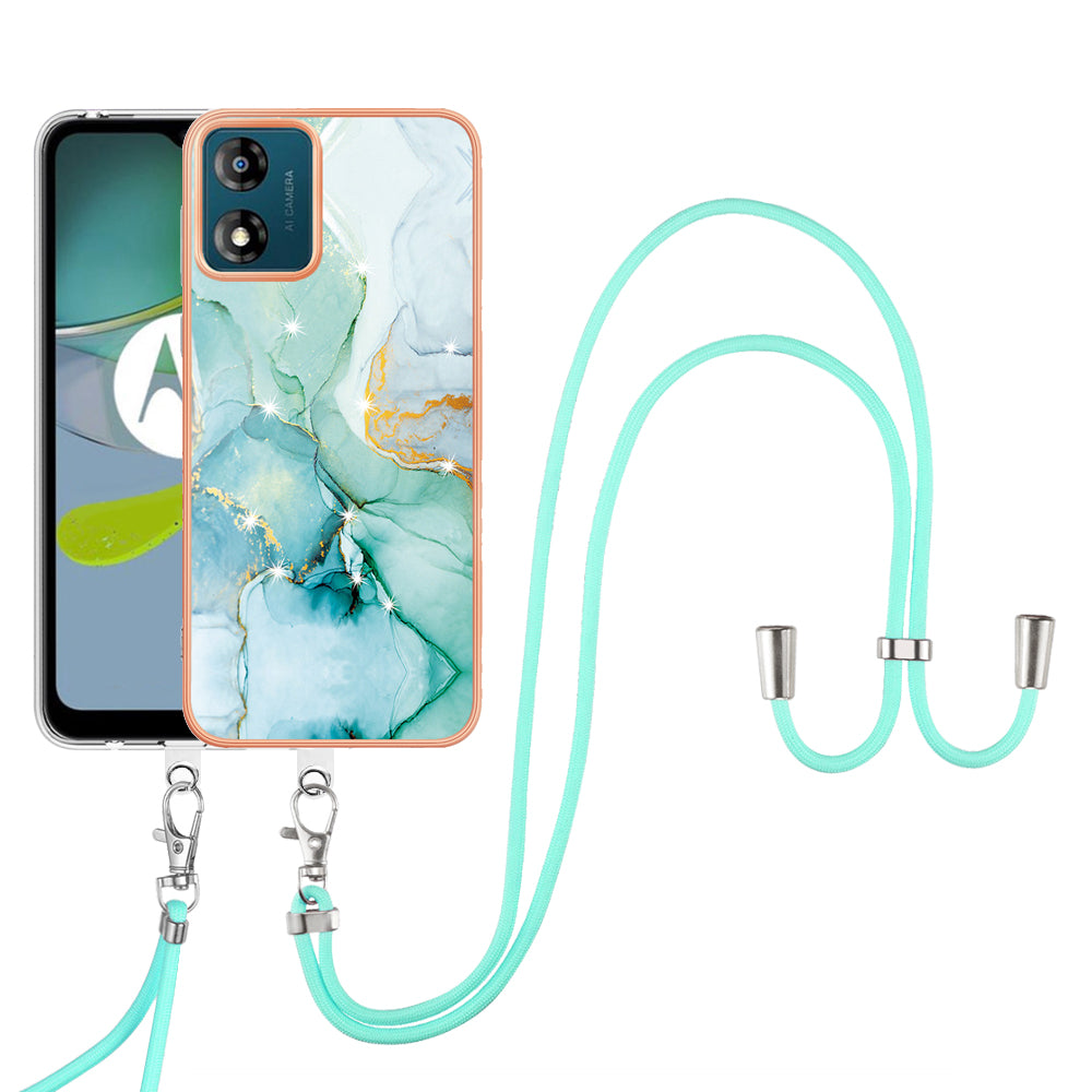 YB IMD Series-9 For Motorola Moto E13 4G IMD Marble Pattern Phone Case Electroplating TPU Anti-scratch Cover with Lanyard - Green 003