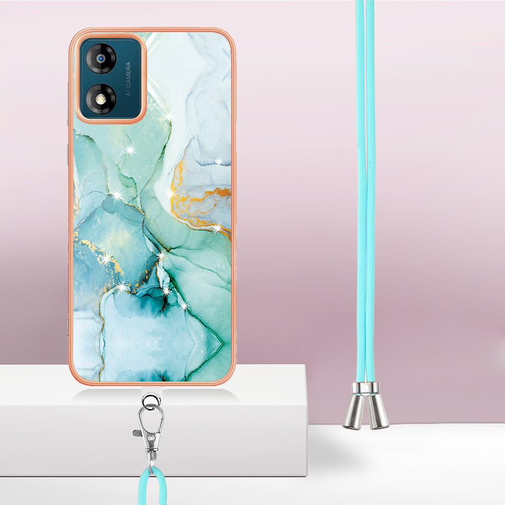 YB IMD Series-9 For Motorola Moto E13 4G IMD Marble Pattern Phone Case Electroplating TPU Anti-scratch Cover with Lanyard - Green 003