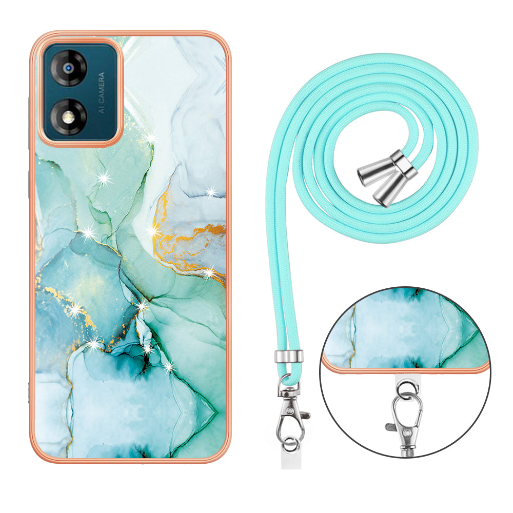 YB IMD Series-9 For Motorola Moto E13 4G IMD Marble Pattern Phone Case Electroplating TPU Anti-scratch Cover with Lanyard - Green 003
