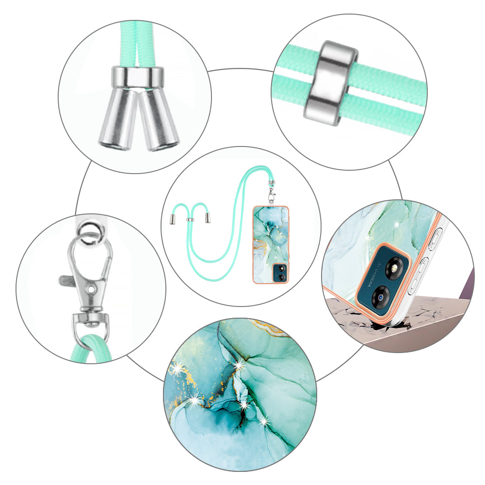 YB IMD Series-9 For Motorola Moto E13 4G IMD Marble Pattern Phone Case Electroplating TPU Anti-scratch Cover with Lanyard - Green 003