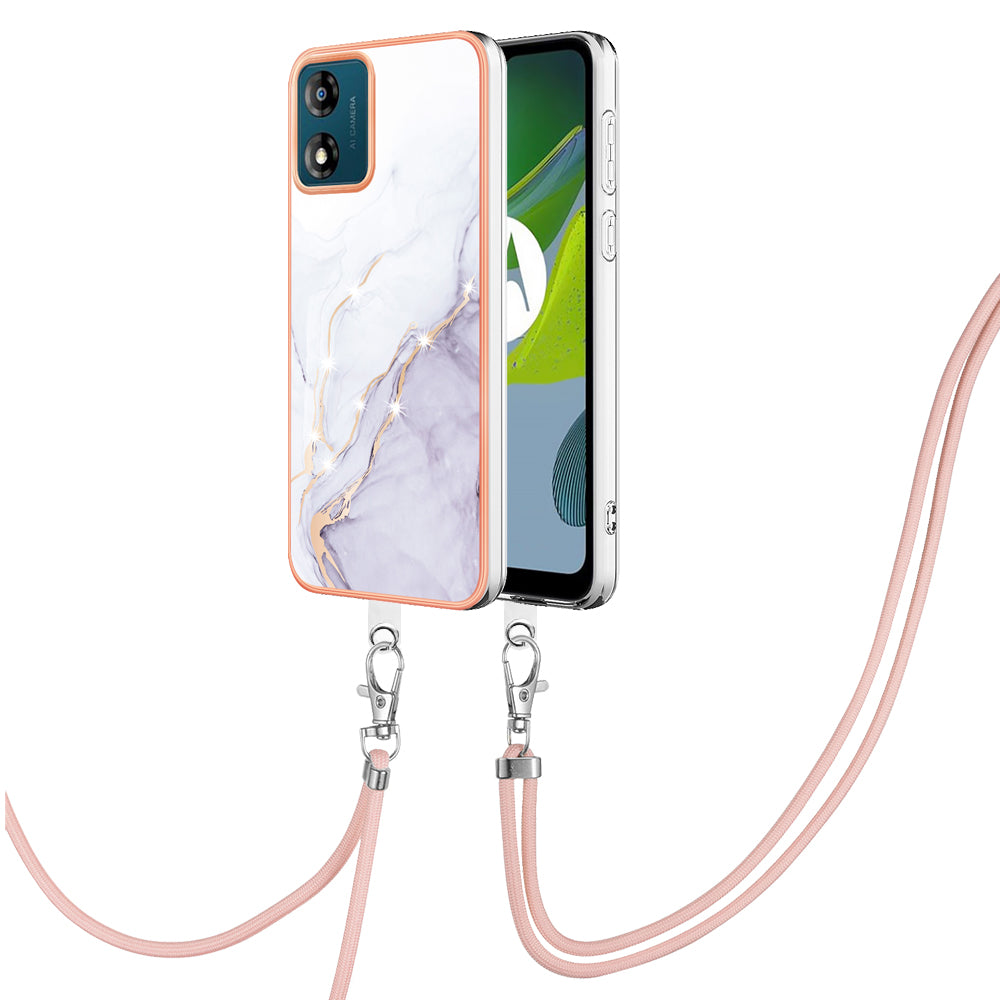 YB IMD Series-9 For Motorola Moto E13 4G IMD Marble Pattern Phone Case Electroplating TPU Anti-scratch Cover with Lanyard - White 006